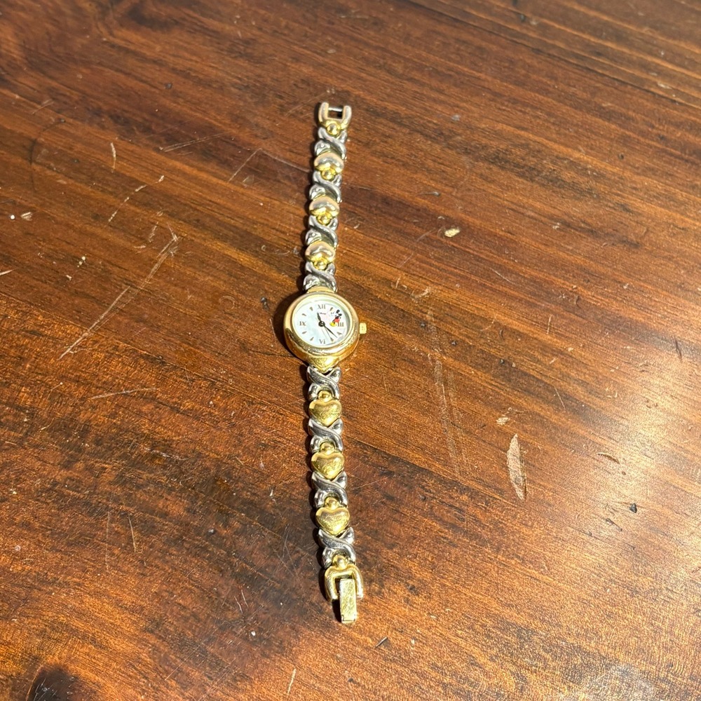 Disney Watch Womens Gold Silver Mickey Mouse Time‎ Works Two-Tone Heart Link